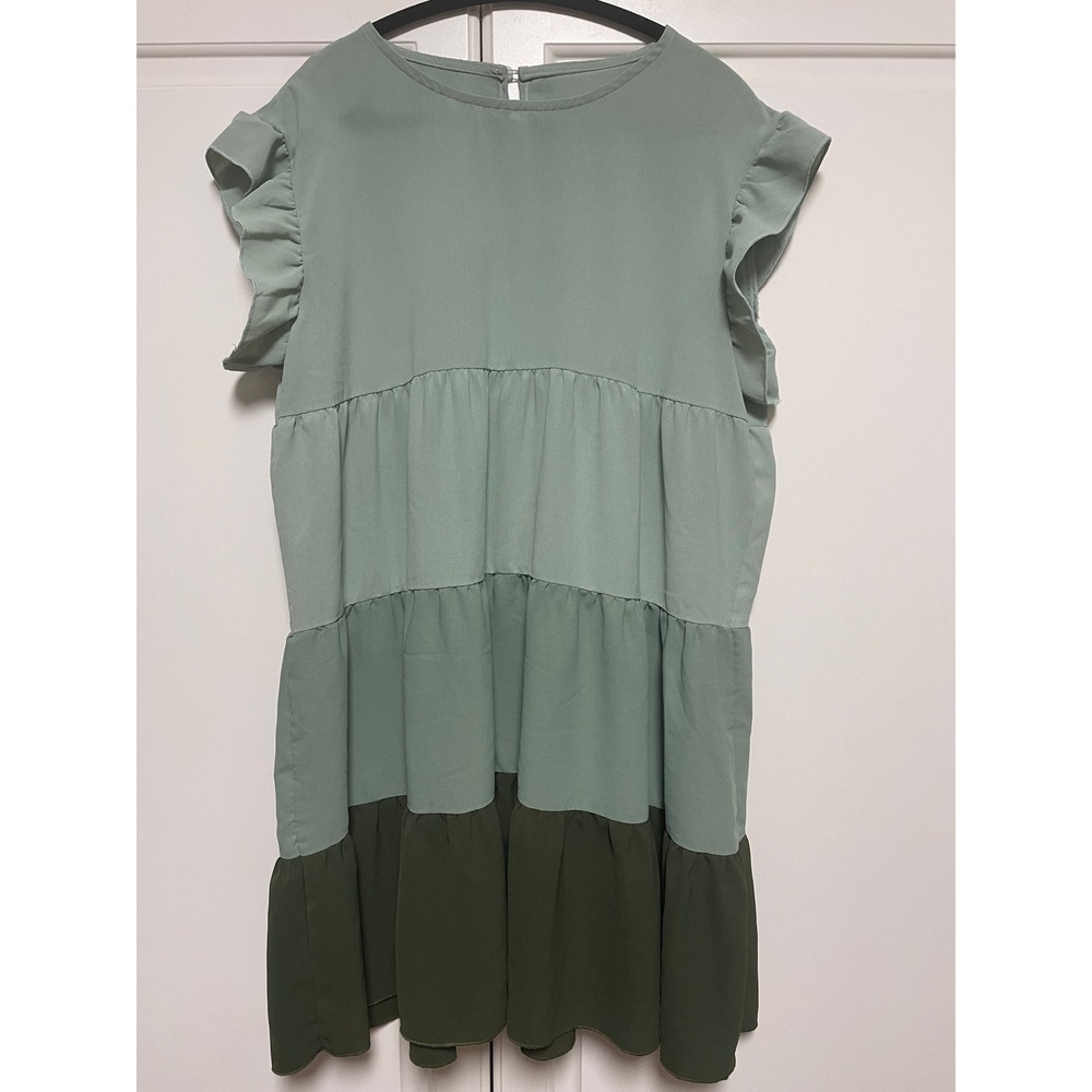 Shein‎ Tiered Ruffle Sleeve Colorblock Midi Dress Green XL 12